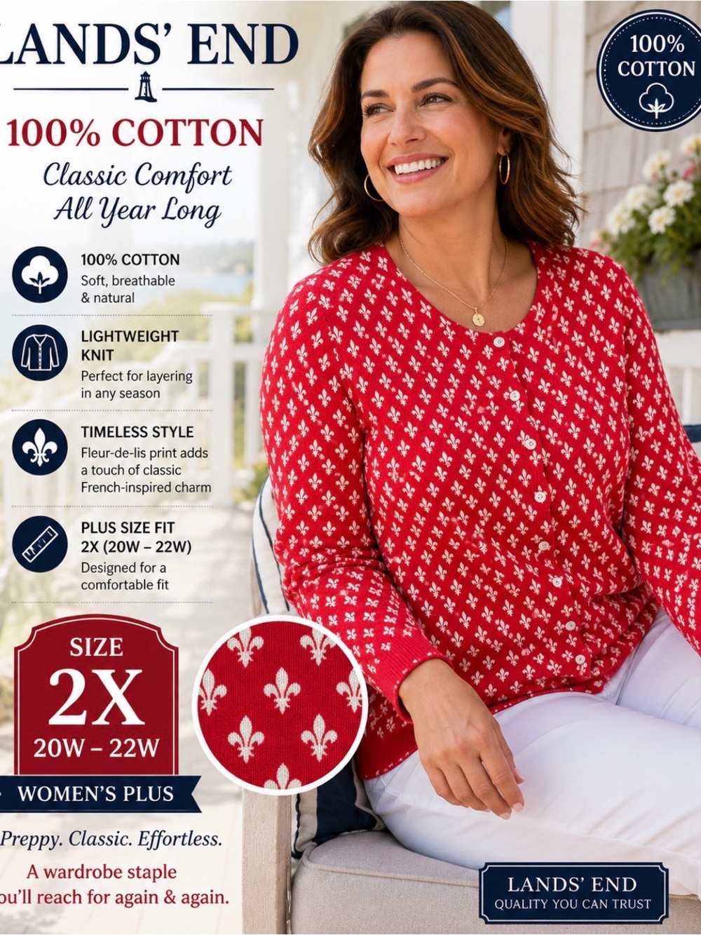 Lands' End fleur de lis print red size 2X cardigan
